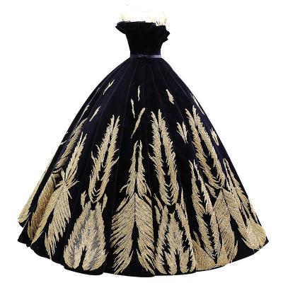 China Anti-wrinkle Women Velvet Gold Lace Appliques Puffy Princess Ruffles Sleeveless Prom Dress for sale