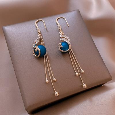 China Fashionable S925 New Peacock Earrings Spring Festival Gift Female Jewelry 2021 Japan and South Korea Analog Blue Pearl Tassel for sale