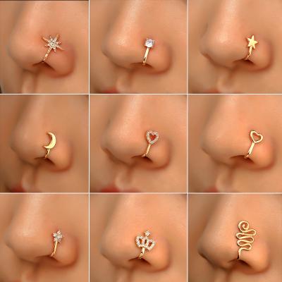 China 1Pc FASHIONABLE Plum Flower Heart Star Crown Brass Rhinestone Clip On Nose Ear Clip Cuff Piercing Nose Ring For Women Girls Nariz for sale