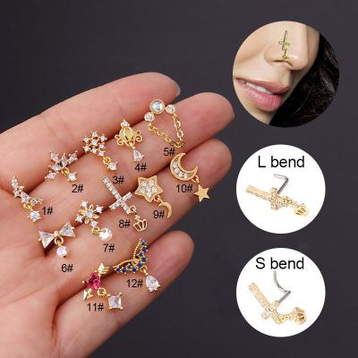 China Fashionable Cross 12 Piercing Moon Butterfly Zircon Nose Lip Stud Surgical Steel Fancy Nose Studs Gold Hypoallergenic for sale