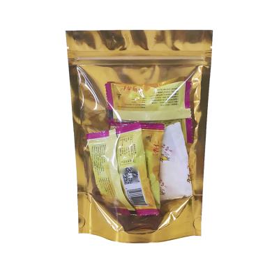 China Shiny Gold Foil Package Recyclable Finish Zipper Lock Plastic Bags Food Packaging Bag Stand Up Pouch With Window for sale