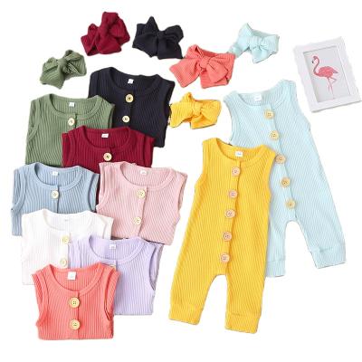 China Cotton RTS Summer Baby Headbands Clothing Outfits Kids Overalls Baby Sleeveless Rompers for sale