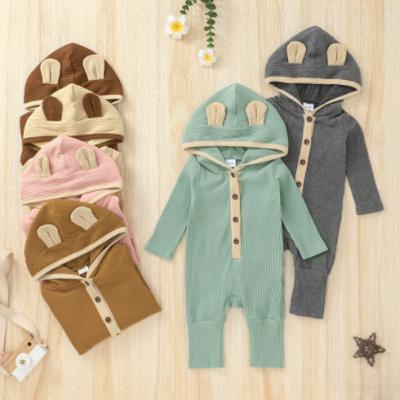 China Baby Romper100% Cotton Baby Jumpsuit Ears 3D Baby Hooded Jumpsuit Cotton Long Sleeve Solid Colors for sale