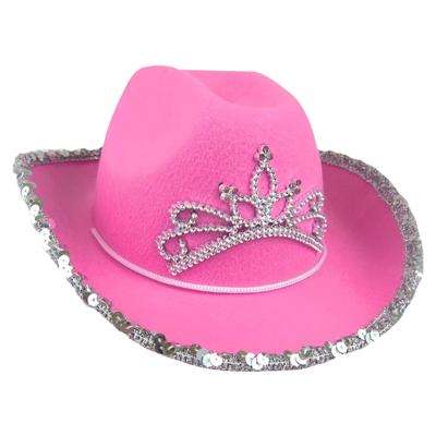 China New Design Eco-friendly Simple Pink Cowboy Hat Princess Crown Girl Sequin Cowgirl Hat for sale