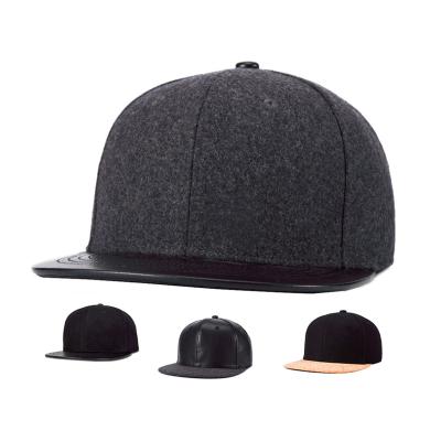 China COMMON Fashion Cheap Mens Wool Felt 6 Panel Flat Brim Pu Hat /winter snapback hat for sale