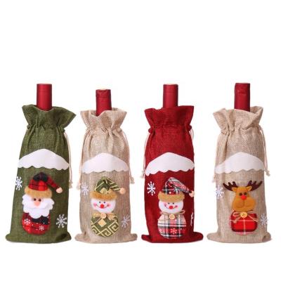 China Red Wine Bottle Canvas Cover Bags Plaid Christmas Decoration for sale