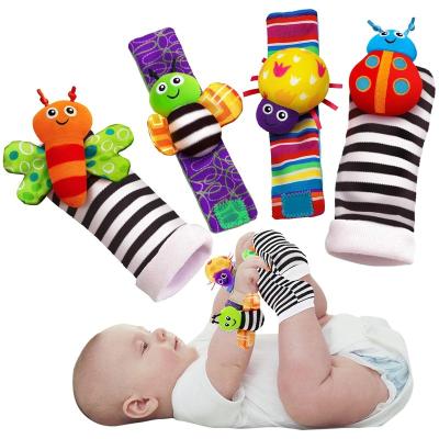 China Soft Infant Baby Kids Socks Rattle Toys Wrist Rattle Cute Cartoon 4pcs Set Rattles Wrist Strap with Rattle Baby Foot Rattles Squeaky Toy for sale