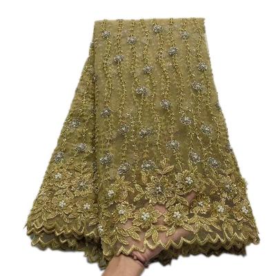 China Durable High Quality French Heavy Beaded Tulle Lace Fabric With Beads And Pearl for sale