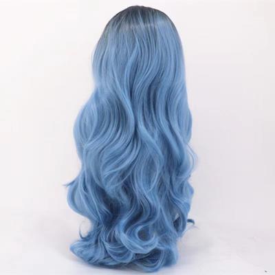 China New Design Body Wave Length Curly Hair Medium Blue Black Gradient Smoke Gray Blue Ladies Full Head Cover Wig for sale