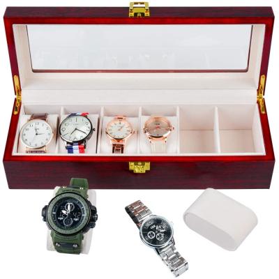 China New Design 6 Slots Watch Jewelry Packaging Display Organizer Red Paint Red Wooden Watch Box Wide Vintage Watch Wooden Box for sale