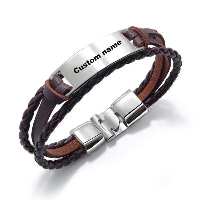 China Hiphop Dropshipping Personalized Engraved Name Logo Custom Men ID Leather Bracelet for sale