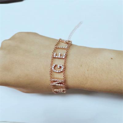 China TRENDY 18k Rose Gold Plated Personalized Zircon Letters Custom Diamond Name Bracelet for sale