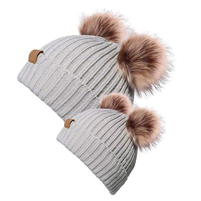 China breathable & Winter 2 Beanie Hat Kids Double Pompom Custom Beanie Hat Waterproof Warm Pom Pom Beanie for Mom and Baby Hats Knit for sale