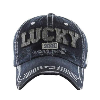 China OEM COMMON Embroidery Pattern Distressed Vintage Baseball Cap Custom Denim Hat With Metal Buckle for sale