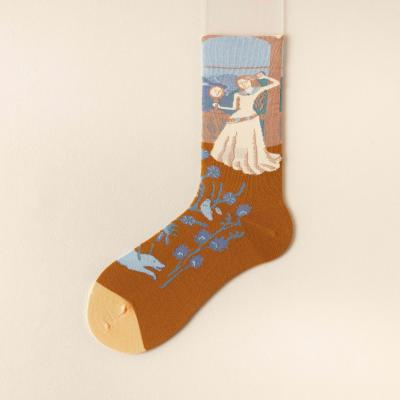 China QUICK DRY Retro Style Oil Painting Print Fashionable Women Long Tube Socks for sale