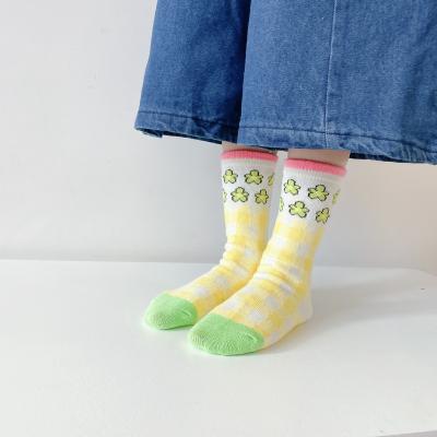 China Autumn Korean New Fashion Flower Plaid Grid Plaid Cotton QUICK DRY Kids Socks Breathable Fancy Cartoon Kids Socks for sale