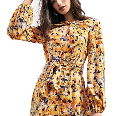 China Spring Breathable Summer Sleeve Long Casual Dresses Floral A Line Round Neck High Waist for sale