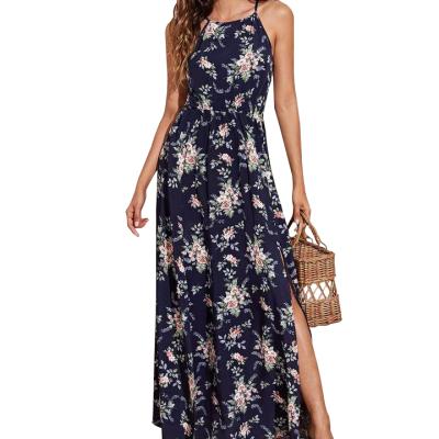 China New Design Spring Breathable Women Summer Sleeveless Spaghetti Strap Navy Blue Maxi Floral Casual Dresses for sale