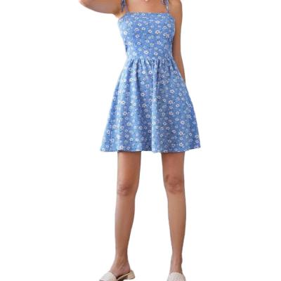 China Wholesale Women Anti-wrinkle Summer Floral Casual Sleeveless Mini Dress Blue High waist for sale