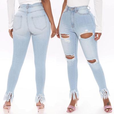 China Breathable High Waist Jeans Women Stretch Denim 2021 New Design Ladies Tassels Pants for sale