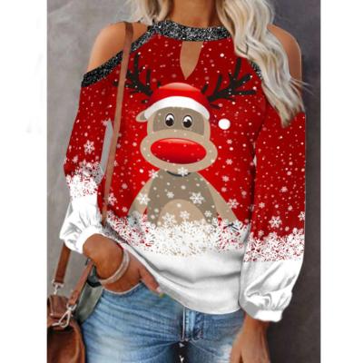 China New Anti-wrinkle Elks Print Sexy Off Shoulder Lantern Long Sleeve Christmas T-Shirt Women for sale