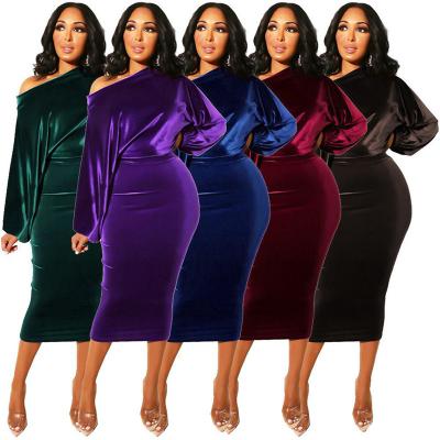 China Autumn New Plus Size Anti-Static Midi Dresses Night Club Evening Party Shoulder Sleeve Velvet Skinny Dress One Long for sale