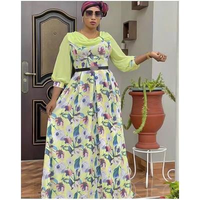 China Elegant African Dubai Anti-Static Autumn Plus Size Women Maxi Dresses 3/4 Long Sleeve Floral Print Chiffon Dress for sale