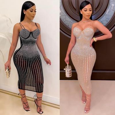 China Anti-Static Backless Spaghetti Strap See Mesh Rhinestone Midi Dress For Women Night Club Sexy Bodycon Pencil Dress for sale