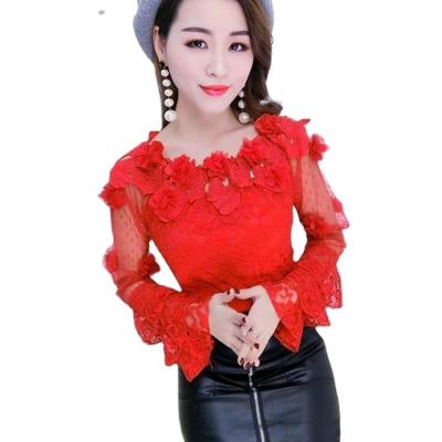 China 2020 Autumn New Anti-pilling Fashion Women's Fashion Flower Lace Strapless Short Long Sleeve Tops Hollow Out One Way Neck for sale