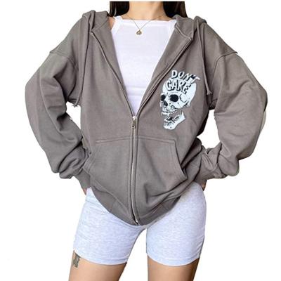 China Anti-wrinkle Autumn Winter New Casual Loose Zipper Hoodies Women Halloween Drawstring Skull Hoodie Sweatshirt for sale