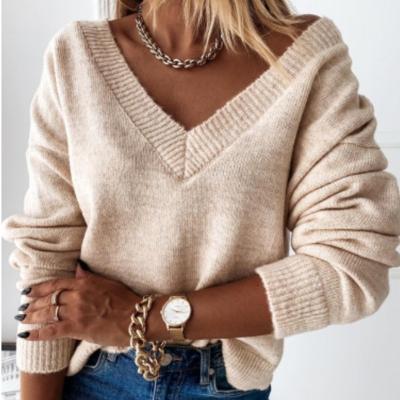 China Anti-Wrinkle Women Streetwear Sweater Fashion Casual V-Neckline Long Sleeve Knitted Pullover Sweater for sale