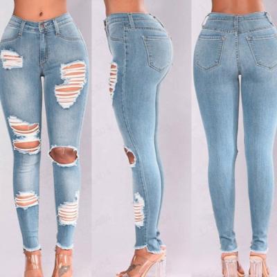 China Plus Size Women Stretch High Waist Skinny Jeans Denim Pants Ripped Pencil Pants for sale