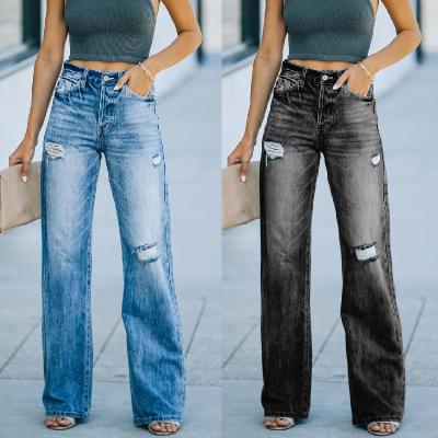 China Sustainable Straight Wide Leg Jeans Women Autumn Casual Ripped Denim Trousers for sale