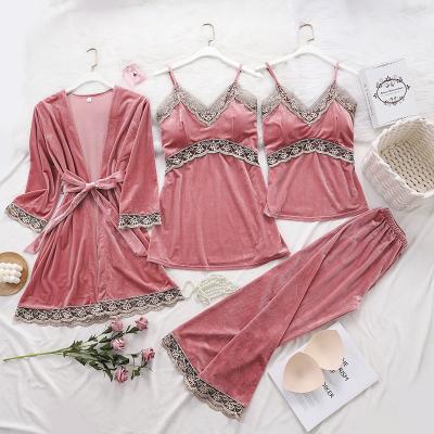 China New Autumn And Winter Women's Velvet Pajamas Thermal Four-piece Set With Sexy Chest Pad Strap Sheath Long Patchwork Lace Home Sleepwear for sale