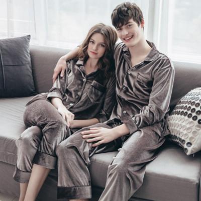 China Hot Spring and Autumn Couple Gold Velvet Long Double Long Sleeve Lapel Cardigan Men's and Women's Homewear Set Ladies Pajamas for sale