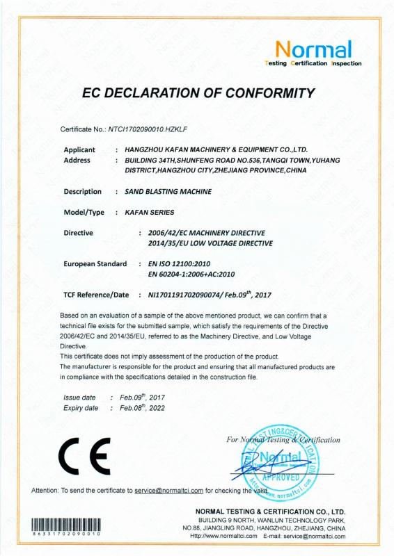 CE - Hangzhou Kafan Machinery & Equipment Co., Ltd.