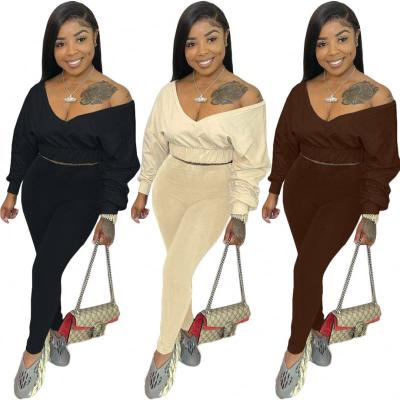 China 2021 Women Autumn Breathable Clothing Overall Solid Color Matching Living Room Wear Autumn 2 Pieces Set Women for sale