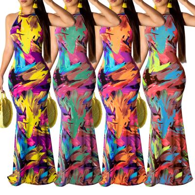 China Anti-Static Women's Halter Maxi Dress Cut Out Casual Dresses Printed Sleeveless Bodycon Beach Dresses for sale