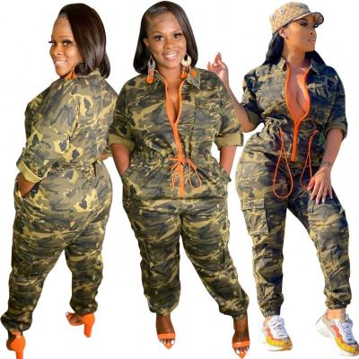 China 2021 5XL Summer Viable Hot Sale Woven Zipper Up Romper Women Camouflage Zipper Up Casual One Piece Overalls for sale