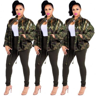 China Street Fashion Breathable Camouflage Denim Jacket Sequin Polyester Long Anorak With Drawstring Drop Women Outdoor Jackets for sale