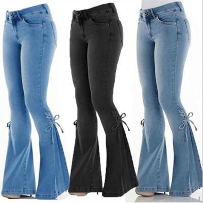 China Fashion Breathable Ladies Autumn Stretch Flare Bell Bottom Lattice Pants With Bow Plus Size High Waist Women Jeans for sale