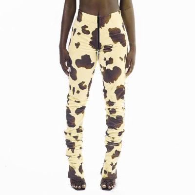 China Amazon Fashion Cow Pattern QUICK DRY Print Zip Up Casual Stacked Ruched Pants Trousers For Women for sale