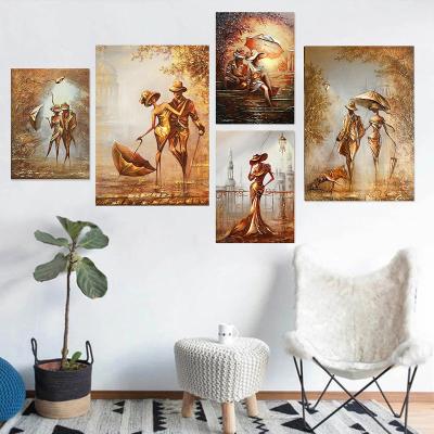 China Modern Gold Wall Art Metal Figure Statue Canvas Poster And Prints Painting Lover Sculpture Pictures For Living Room Home Decor for sale