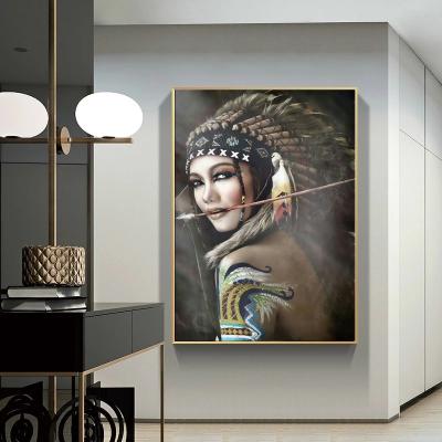 China Modern Art Wall Decor Pictures For Living Room Canvas Portrait Indian Woman Feathered Painting Home Decor Printed for sale