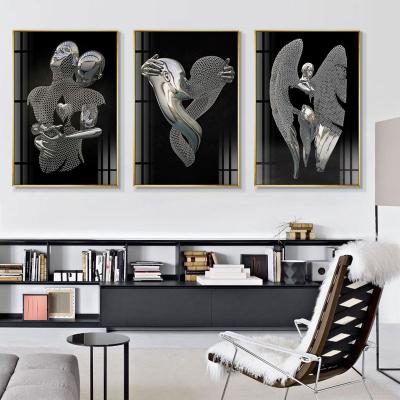 China Modern Romantic Wall Art Pictures Living Room Decor Art Figure Statue Canvas 3D Painting Sculpture Poster Print Love Heart Gray Metal for sale