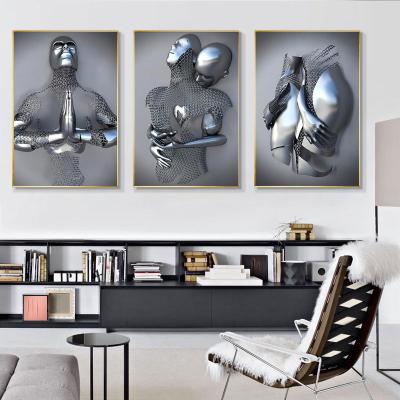 China Modern Hot Selling Abstract Steel Wire Metal Figure Sculpture Couples HD Spray Painting Canvas Wall Art Painting for sale