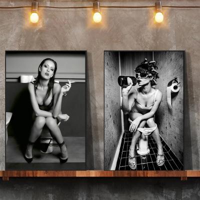 China Modern Posters Sexy Girl Poster Hotel Toilet Decor Black And White Painting On Canvas for sale