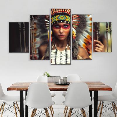 China Waterproof 5 Panel Feathered Indian Woman On Canvas Wall Art Decoration Metal Frame Modern Home Painting Printed Oil Painting Prints for sale