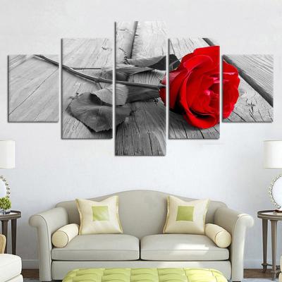 China Waterproof 5 Panels Support Printed Rose Canvas Wall Art Floral Metal Painting Frame Canvas Large Wall Art Gift White Red Flower Picture for sale