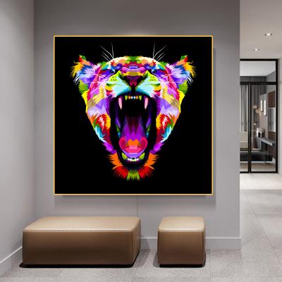 China 2023 Waterproof Colorful Camouflage Animal Lion Canvas Painting Animal Paintings And Black Background On Wall Art for sale